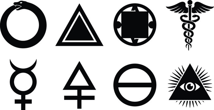Set of black silhouette esoteric alchemy symbols and occult signs isolated on white background