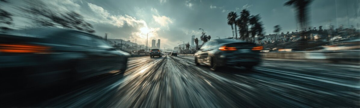 Cars driving on a wet road with palm trees in the background