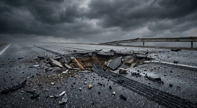Road infrastructure failure concept, a large and dangerous pothole on an asphalt highway during a storm, representing road maintenance issues and public safety
