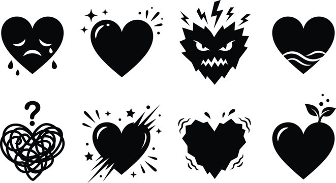 Set of black silhouette heart icons showing different emotions and mental health concepts isolated on white background