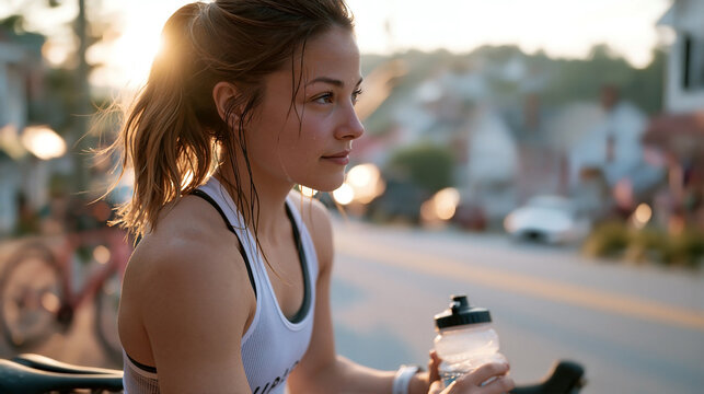 Young female cyclist straddling bike with heat exhaustion sweat and gripping water bottle near town skyline road