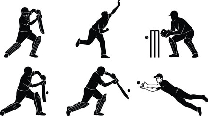 Cricket players silhouette set showing batsman hitting ball bowler throwing wicketkeeper catching and fielder diving vector illustration © MdRakib