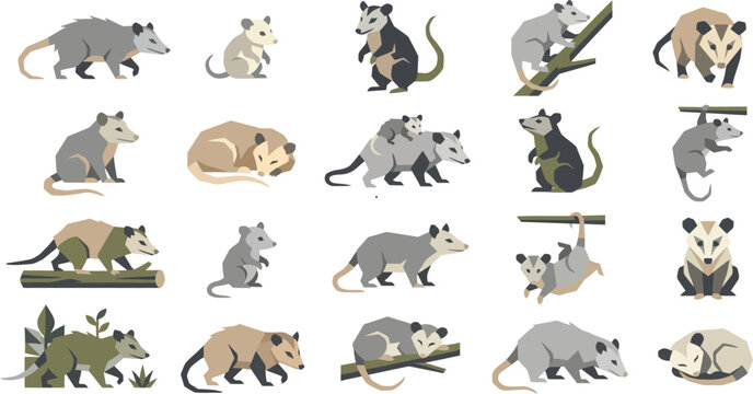 Collection of minimalist flat vector illustrations of opossums, including young and adults in various activities.
