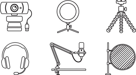 Six simple tech equipment icons for video production setup Vector © mahafuza