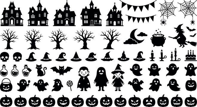 Halloween silhouette vector element mega set featuring haunted houses spooky trees ghosts witches pumpkins bats spiders and decorative icons isolated on white background.