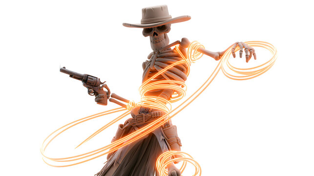 Cowboy skeleton with glowing lasso and revolver isolated on transparent background