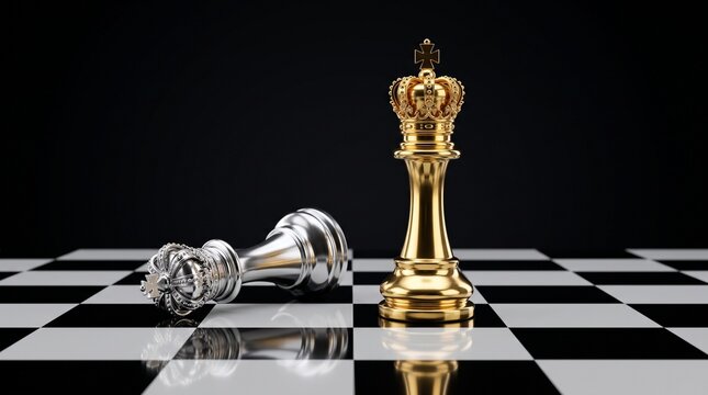 Gold king defeats silver king on a chessboard representing business victory and strategic success
