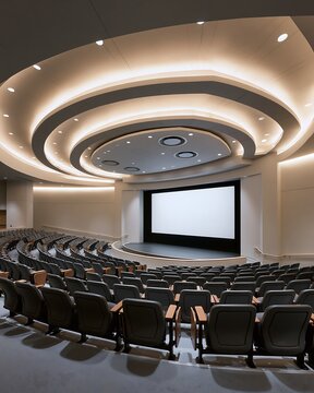 Modern auditoriums with tiered seating and large projection screen display
