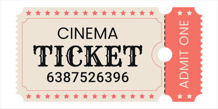 Vintage cinema ticket in retro movie theater style. Classic admission pass design for film festival, entertainment event, invitation, showtime coupon, voucher. Vector illustration
