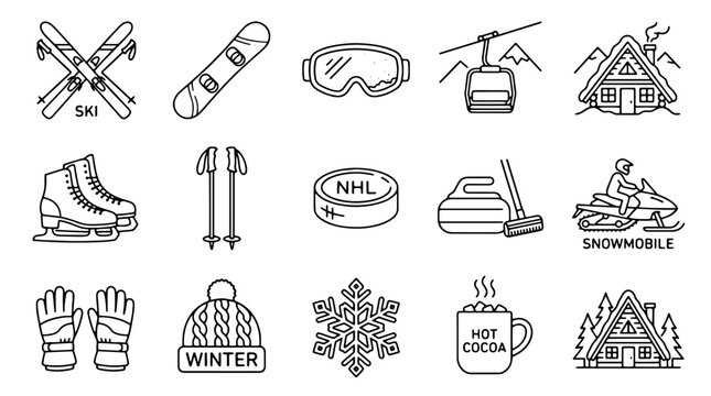 Winter sports and mountain resort icon set, 15 black line vector elements, skiing and snowboarding equipment, outdoor cold weather activities