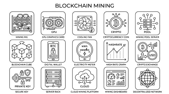 Blockchain mining icon set, cryptocurrency technology line icons, 15 vector elements for crypto exchange and digital wallet apps