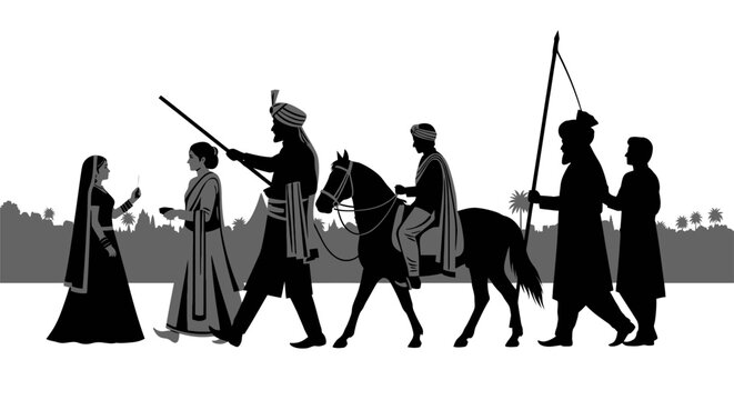 Black and white vector silhouette illustration of an Indian royal procession with people in traditional attire and a horse, representing culture and history.
