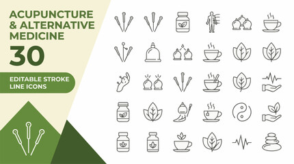 Fototapeta premium Acupuncture and alternative medicine line icon set on transparent background Editable Stroke.