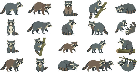 Fototapeta premium Collection of twenty flat design raccoons in various poses, showcasing playful and curious wildlife in a minimalist style.
