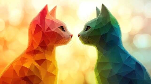 Two low-poly cats, vibrant colors, facing each other
