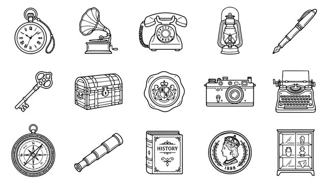 Vintage antique objects collection, 15 retro history icons set, black and white line art vector of classic museum artifacts and old fashioned items