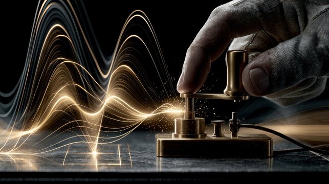 A gloved hand operates a vintage brass telegraph key with glowing golden waves. Communication history concept.