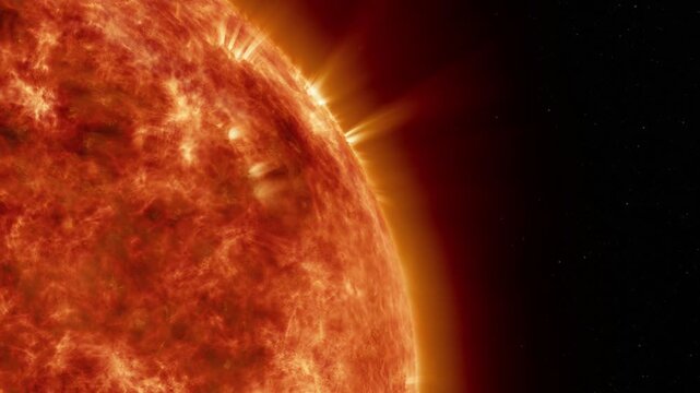 Solar eruption sun with erupting plasma flares in outer space concept close track-out shot in 4K Ultra HD footage.
