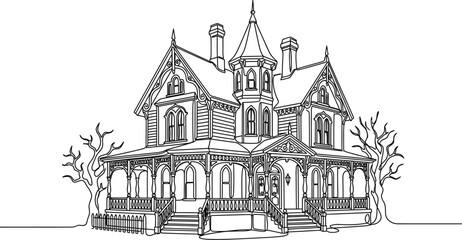 Intricate Line Art Illustration of a Classic Victorian Mansion House. © Bejo
