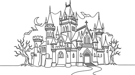 Haunted gothic castle line art illustration for coloring book. © Bejo