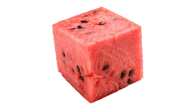 Single square cube piece of red sweet watermelon isolated on transparent background