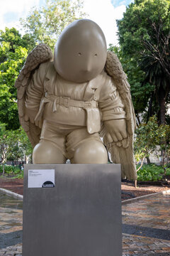 Puebla, Mexico - June 5 2026: Timo, the iconic winged sculpture by Rodrigo de la Sierra, displayed in a park in historic Puebla city center. Contemporary art piece features a unique, stylized figure.