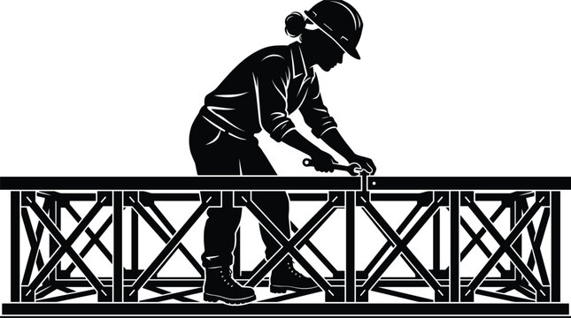 Female construction worker wearing hard hat fixing iron steel truss bridge structure with wrench tool vector silhouette