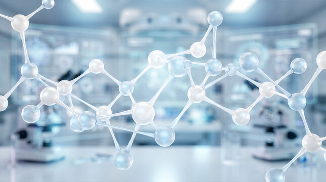 Abstract three dimensional molecular structure model hovering inside modern chemical laboratory interior featuring blurred microscopes and digital screens in background for scientific research