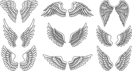 Set of hand drawn sketch angel wings vector illustrations in black outline style isolated on white background for design  elements. © Raju