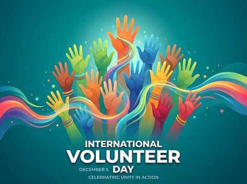 Colorful raised hands illustration celebrating international volunteer day with unity and community spirit in vibrant design
