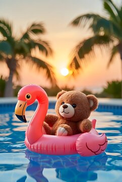 a cute teddy bear splashing water while sitting on a pink flamingo float in a bright blue swimming poo