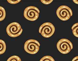 Fototapeta premium Doodle Cinnamon Roll Pattern. Hand Drawn Pastry Background. Minimal Bakery Doodle Style.
