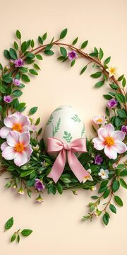 Whimsical Easter egg and bow arrangement amidst lush greenery and twinkling stars on a soft cream background, ||light background, whimsy