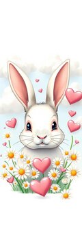 Whimsical illustration of a rabbit head surrounded by fluffy clouds and daisy hearts, cute, illustration