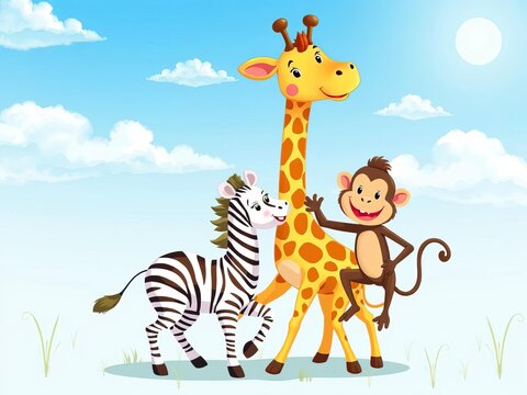 Whimsical illustration featuring a giraffe, zebra, and monkey playing together under a bright blue African sky, nature, friendship