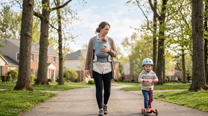 Obraz premium Second-time mother walking with baby carrier and older child on scooter, gentle postpartum depression recovery routine
