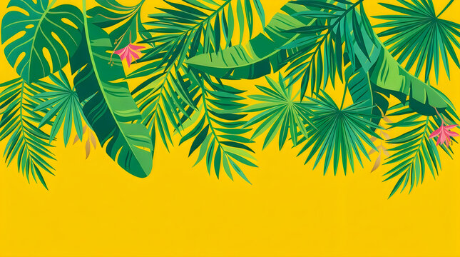 Tropical palm leaves border on yellow background