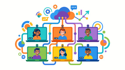 Fototapeta premium Cloud Network Connecting Six Laptops Together for Group Video Conference Call