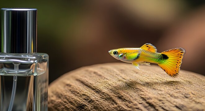 Vibrant orange guppy fish on driftwood with perfume bottle