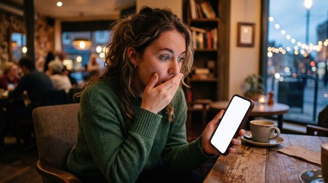 shocked young woman covering her mouth in surprise while looking at a blank white screen on her smartphone in a cozy cafe setting.