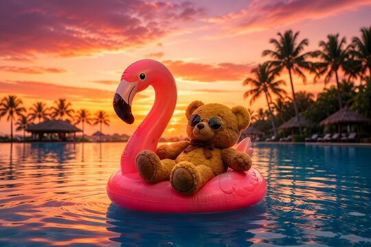 a cute teddy bear splashing water while sitting on a pink flamingo float in a bright blue swimming poo