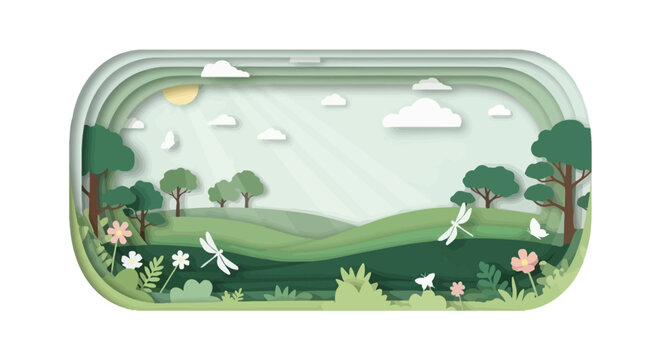 Spring meadow landscape in paper cut art style