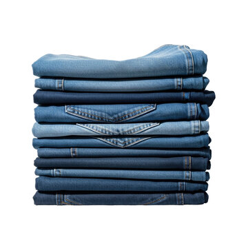 A stack of folded blue jeans isolated on a white background.