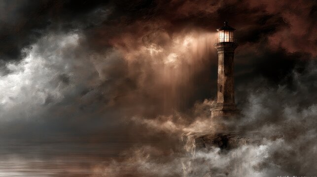 A dramatic lighthouse glows amidst a dark, foggy storm at sea. Ideal for concepts of hope and guidance.