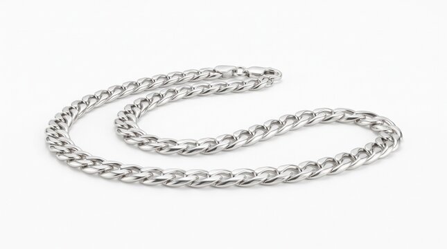 Elegant sterling silver chain necklace with polished interlocking links, refined shine, and timeless design, isolated on a pure white background.