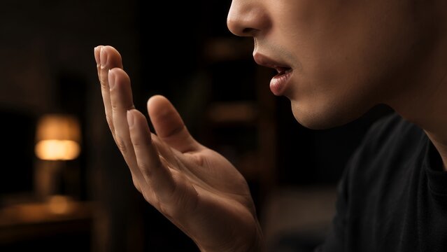 Man Checking Bad Breath with Hand, Close Up of Halitosis, Oral Hygiene and Fresh Breath Healthcare Concept