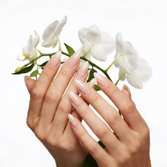 Fototapeta premium Female hands holding delicate white orchid blossoms orchids petals