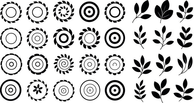 Set of minimalist circular stamp frames and black silhouette leaf branches design elements vector illustration isolated on white background.