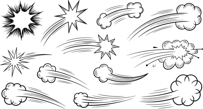 Comic speed lines motion effect elements collection vector illustration featuring smoke puffs explosions isolated on white background