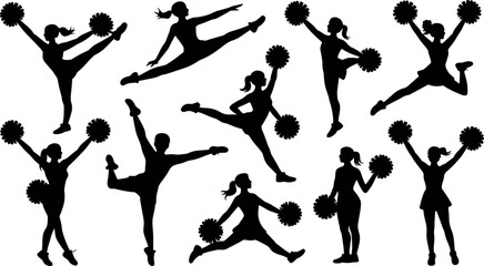 Obraz premium Cheerleader silhouettes set collection vector illustration featuring girls jumping dancing with pom poms isolated on white background